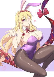Rule 34 | 1girl, black leotard, blonde hair, bow, breasts, cleavage, commentary request, detached collar, gap (touhou), heart, large breasts, leotard, long hair, mikagami hiyori, one eye closed, playboy bunny, purple background, purple eyes, purple leotard, red bow, solo, touhou, yakumo yukari