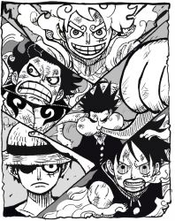 Rule 34 | 1boy, facial scar, fiery hair, fighting stance, gear fifth, gear fourth, gear fourth: boundman, gear second, grin, haki, hat, highres, injury, looking at viewer, monkey d. luffy, monochrome, multiple views, muscular, nishiponi, one piece, pectorals, scar, scar on cheek, scar on face, shaded face, simple background, smile, straw hat, timeskip