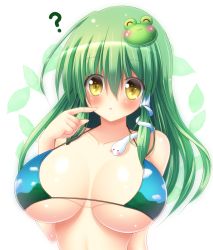 Rule 34 | 1girl, :3, ?, bare shoulders, bikini, blush, breasts, breasts apart, collarbone, commentary request, eyes visible through hair, finger to face, frog hair ornament, green hair, hair ornament, highres, huge breasts, kochiya sanae, long hair, looking at viewer, osashin (osada), snake hair ornament, solo, strap gap, swimsuit, touhou, upper body, yellow eyes