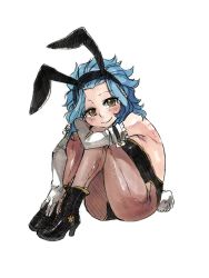 Rule 34 | 1girl, blue hair, boots, curly hair, elbow gloves, fairy tail, gloves, high heel boots, high heels, legs together, leotard, levy mcgarden, looking at viewer, pantyhose, playboy bunny, rusky, simple background, smile, solo, white background