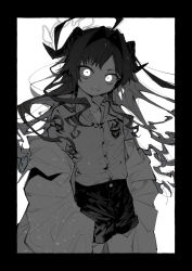 Rule 34 | 1girl, ahoge, blue archive, border, closed mouth, coat, collared shirt, grey hair, greyscale, hair intakes, horns, kasumi (blue archive), lab coat, long hair, long sleeves, looking at viewer, monochrome, open clothes, open coat, plue ral, shirt, shorts, simple background, solo, very long hair