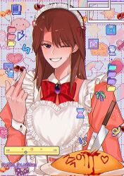 Rule 34 | 1boy, alternate costume, apron, black eyes, border, bow, bowtie, brown hair, cheese, cherry, cloud, commentary request, corrupted twitter file, crossdressing, enmaided, false smile, food, frilled apron, frills, fruit, grey background, grid background, grin, heart apron, highres, ichijou seiya, juliet sleeves, kaiji, knife, korean commentary, long hair, long sleeves, looking at viewer, maid, maid apron, maid headdress, male focus, medium bangs, middle finger, omelet, one eye closed, parted lips, pink shirt, puffy sleeves, purple brooch, rainbow, red bow, red bowtie, shirt, siho is alien, smile, solo, swiss cheese, upper body, white apron