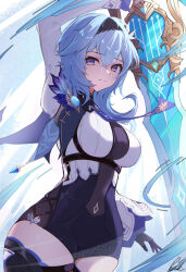 1girl absurdres black_gloves black_hairband blue_cape blue_hair blue_necktie boots breasts cape chest_harness cowboy_shot eula_(genshin_impact) genshin_impact gloves greatsword hairband harness high-waist_shorts highres holding holding_sword holding_weapon large_breasts long_sleeves looking_at_viewer medium_hair necktie pisuke_(user_kcmh2774) purple_eyes shorts signature solo song_of_broken_pines_(genshin_impact) sword thigh_boots vision_(genshin_impact) weapon white_sleeves wide_sleeves