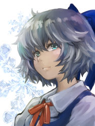 Rule 34 | 1girl, arika (198906nk), blue bow, blue eyes, blue hair, blue vest, bow, cirno, expressionless, hair between eyes, hair bow, highres, lips, looking away, puffy sleeves, red neckwear, red ribbon, ribbon, shirt, short hair, snowflake background, solo, touhou, upper body, vest, white background, white shirt, wing collar