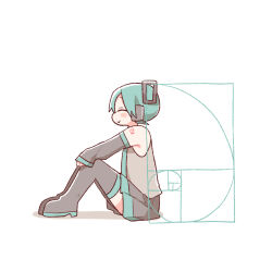 Rule 34 | 1girl, :&gt;, ^ ^, alternate hairstyle, black footwear, black skirt, blue hair, blush stickers, boots, closed eyes, closed mouth, commentary request, detached sleeves, from side, full body, golden spiral, grey shirt, hair ornament, hands on own knees, hatsune miku, headphones, highres, outstretched arms, profile, shirt, shoulder tattoo, simple background, sitting, skirt, sleeveless, sleeveless shirt, smile, solo, t705gp, tattoo, thigh boots, vocaloid, white background