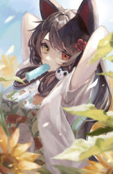 Rule 34 | 1girl, absurdres, animal ears, arms behind head, arms up, breasts, brown hair, dog ears, dog girl, dog hair ornament, fang, flower, food, food in mouth, hair flower, hair ornament, heterochromia, highres, inui toko, long hair, nijisanji, oumiomi, popsicle, red eyes, short sleeves, sideways glance, solo, sweat, virtual youtuber, white background, white flower, yellow eyes