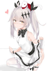 Rule 34 | 1girl, absurdres, aged down, ahoge, alternate hairstyle, ass, bare arms, bare shoulders, black bow, black bowtie, black choker, black ribbon, black wristband, blush, bow, bowtie, breasts, brown eyes, choker, closed mouth, clothes lift, crescent, crescent earrings, dress, dress lift, earrings, ferret, five-seven (adventures of fenfen) (girls&#039; frontline), five-seven (girls&#039; frontline), girls&#039; frontline, hair bow, heart, heart-shaped pupils, highres, jewelry, lifting own clothes, long hair, looking at viewer, official alternate costume, on one knee, open mouth, ribbon, ru zhai, shadow, silver hair, single earring, skindentation, sleeveless, small breasts, smile, solo, symbol-shaped pupils, thighhighs, twintails, underwear, white background, white dress, white thighhighs, wristband