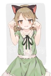 Rule 34 | 1girl, @ @, animal ears, blush, brown eyes, cat ears, center frills, dress, fake animal ears, frills, green dress, grey background, hands up, highres, idolmaster, idolmaster cinderella girls, light brown hair, long hair, looking at viewer, morikubo nono, parted lips, paw pose, ringlets, shone, simple background, solo