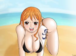 Rule 34 | 1girl, all fours, ass, beach, bikini, blush, breasts, brown eyes, cleavage, female focus, hanging breasts, highres, large breasts, long hair, looking at viewer, nami (one piece), oil, oiled, one piece, orange hair, outdoors, shiny skin, solo, swimsuit, twinbald