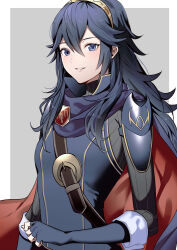 Rule 34 | 1girl, ameno (a meno0), armor, black sweater, blue cape, blue eyes, blue gloves, blue hair, border, cape, fingerless gloves, fire emblem, fire emblem awakening, gloves, grey background, grin, hair between eyes, lips, long hair, long sleeves, looking at viewer, lucina (fire emblem), nintendo, outside border, pink lips, red cape, ribbed sweater, shoulder armor, simple background, smile, solo, sweater, symbol-shaped pupils, tiara, turtleneck, turtleneck sweater, two-tone cape, white border
