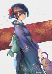 Rule 34 | 1girl, autumn leaves, black hair, blue kimono, closed mouth, commentary request, doll, expressionless, floral print, flower, from side, hair between eyes, hair bun, hair flower, hair ornament, highres, holding, holding doll, idolmaster, idolmaster shiny colors, japanese clothes, kimono, long sleeves, looking at viewer, looking to the side, morino rinze, obi, ohako (ohako1818), print kimono, red eyes, red flower, sash, short hair, single hair bun, solo, standing, straw doll, white background, wide sleeves