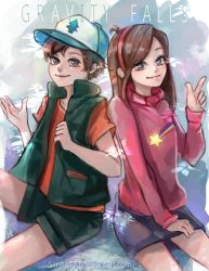 Rule 34 | 1boy, 1girl, arms up, artist name, bad id, bad pixiv id, baseball cap, brother and sister, brown hair, closed mouth, commentary, copyright name, dipper pines, english commentary, gravity falls, green jacket, green shorts, grey eyes, hairband, hand up, hat, highres, jacket, long hair, long sleeves, looking at viewer, mabel pines, miniskirt, pencil skirt, pink hairband, pink sweater, pointing, purple skirt, shorts, siblings, simha14, skirt, sweater, turtleneck, watermark, web address