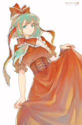 Rule 34 | 1girl, absurdres, artist name, bow, breasts, corset, dress, feet out of frame, frills, front ponytail, green eyes, green hair, hair bow, highres, kagiyama hina, large breasts, light smile, long hair, looking at viewer, red bow, red dress, ringo orihara, simple background, solo, touhou, white background