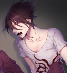 Rule 34 | 1boy, absurdres, beard, brown hair, checkered floor, collarbone, commentary request, danganronpa (series), danganronpa v3: killing harmony, earrings, facial hair, from side, highres, jewelry, knees up, looking at viewer, male focus, momota kaito, nanin, open mouth, pants, pink pants, print shirt, purple eyes, purple hair, sharp teeth, shirt, short hair, short sleeves, sitting, smile, solo, spiked hair, teeth, white shirt