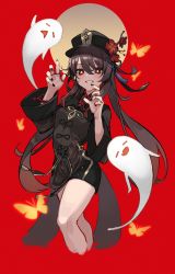 Rule 34 | 1girl, absurdres, black nails, black shorts, bracelet, brown coat, brown hair, bug, butterfly, coat, coattails, cropped legs, flower, full moon, genshin impact, ghost, ghost pose, gradient hair, grin, hat, hat flower, highres, hu tao (genshin impact), insect, jewelry, long hair, looking at viewer, moon, multicolored hair, nail polish, plum blossoms, porkpie hat, red background, red eyes, ring, shorts, simple background, smile, solo, sooon, standing, star-shaped pupils, star (symbol), symbol-shaped pupils, tassel, twintails
