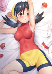 Rule 34 | 1girl, armpits, arms up, bike shorts, black hair, blush, breasts, brown eyes, cameltoe, cleft of venus, commission, covered navel, creatures (company), game freak, hair between eyes, kris (pokemon), looking at viewer, lying, medium breasts, nintendo, on back, poke ball, pokemon, pokemon adventures, red shirt, shirt, skeb commission, sleeveless, taut clothes, taut shirt, tight clothes, torimaru, turtleneck, twintails