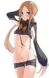 Rule 34 | 1girl, abigail williams (fate), absurdres, black bow, black shorts, blonde hair, blue eyes, blush, bow, breasts, cameltoe, crop top, duplicate, fate/grand order, fate (series), forehead, groin, highres, kopaka (karda nui), long hair, long sleeves, looking at viewer, lowleg, lowleg shorts, multiple bows, navel, orange bow, parted bangs, polka dot, polka dot bow, ribbed sleeves, short shorts, shorts, shrug (clothing), sidelocks, sleeves past fingers, sleeves past wrists, small breasts, thigh gap, thighs, twintails, underboob
