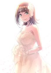 Rule 34 | 1girl, amami haruka, bouquet, breasts, brown hair, chiaki rakutarou, cleavage, collarbone, cowboy shot, diadem, dress, elbow gloves, flower, gloves, green eyes, hair flower, hair ornament, holding, holding bouquet, idolmaster, idolmaster (classic), large breasts, long hair, looking at viewer, medium breasts, aged up, simple background, sleeveless, sleeveless dress, smile, solo, standing, strapless, strapless dress, wedding dress, white background, white dress, white flower, white gloves