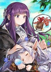 Rule 34 | 1boy, 2girls, a yue, absurdres, blush, book, breasts, closed eyes, closed mouth, dragon, dreaming, dwarf, earrings, eisen (sousou no frieren), elf, fern (sousou no frieren), fingernails, frieren, grey hair, hand on another&#039;s head, heart, highres, jewelry, long hair, long sleeves, lying, medium breasts, multiple girls, on lap, on stomach, outdoors, pointy ears, purple eyes, purple hair, shirt, sleeping, sousou no frieren, white shirt