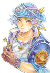 Rule 34 | 1990s (style), 1boy, brown eyes, earrings, final fantasy, final fantasy vi, gloves, grey hair, jewelry, key, light smile, locke cole, looking at viewer, male focus, necklace, pyms11, solo