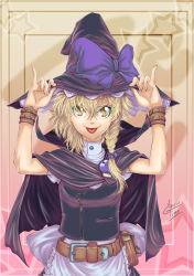 Rule 34 | 1girl, :p, alternate costume, belt, blonde hair, bow, braid, cape, classictime, colored eyelashes, eyelashes, female focus, gradient background, hair bow, hand on headwear, hat, kirisame marisa, pinky out, pocket, side braid, skirt, solo, tongue, tongue out, touhou, witch, witch hat, wristband, yellow eyes