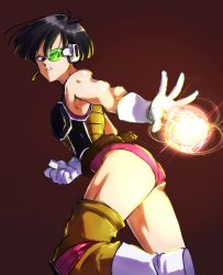 Rule 34 | 1girl, ankle boots, armor, ass, bare shoulders, black hair, boots, clenched hand, dragon ball, dragonball z, earrings, energy ball, gloves, green-tinted eyewear, highres, jewelry, knee pads, leotard, monkey tail, sabamiso (tomatomikan), scouter, seripa, short hair, simple background, single thighhigh, solo, tail, thighhighs, tinted eyewear, tomatomikan, white gloves