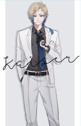Rule 34 | 1boy, absurdres, belt, black belt, black gloves, blonde hair, blue eyes, blue hair, blue lock, blue necktie, closed mouth, collared shirt, cowboy shot, formal, gloves, gradient hair, grey shirt, hand in pocket, hand tattoo, hand up, highres, jacket, long sleeves, looking at viewer, male focus, michael kaiser, multicolored hair, neck tattoo, necktie, pants, shirt, smile, solo, standing, suit, tattoo, two-tone hair, white jacket, white pants, white suit, yukimochi (bl ykm)