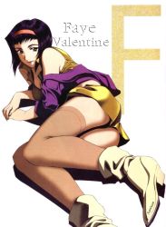 Rule 34 | 1990s (style), 1girl, ass, cowboy bebop, faye valentine, green eyes, hairband, lying, purple hair, smile, solo, thighhighs