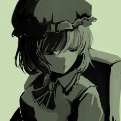 Rule 34 | 1girl, hat, mark, monochrome, remilia scarlet, short hair, simple background, solo, touhou