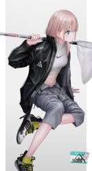 Rule 34 | 1girl, 3mptydays, acronym, arm support, black jacket, blue eyes, breasts, butterfly net, buttons, character name, closed mouth, clothes writing, crop top, cross-laced footwear, drawstring, fingernails, foot out of frame, grey background, grey shorts, hair behind ear, hair between eyes, hand net, hand up, high collar, highres, holding, holding butterfly net, idolmaster, idolmaster shiny colors, invisible chair, jacket, leg up, light brown hair, long sleeves, looking away, medium breasts, midriff, name tag, navel, nike (company), nike presto, off shoulder, open clothes, open fly, open jacket, open shorts, outside border, pillarboxed, print footwear, print shirt, serizawa asahi, shirt, shoes, short hair, shorts, sidelocks, simple background, single bare shoulder, sitting, sleeveless, sleeveless shirt, sneakers, solo, stomach, two-tone footwear, unzipped, white footwear, white shirt, yellow footwear