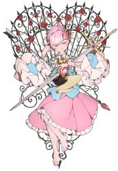 Rule 34 | 1girl, arrow (projectile), barefoot, blouse, blue shirt, commentary, fence, finger to head, flower, frilled skirt, frills, full body, hair ornament, hairband, head tilt, heart, heart hair ornament, highres, holding, holding weapon, impaled, komeiji satori, long sleeves, looking down, mefomefo, one eye closed, open clothes, open shirt, pink eyes, pink hair, pink skirt, plant, rose, scroll, shirt, short hair, simple background, skirt, solo, spikes, sword, third eye, touhou, valentine, vines, weapon, white background, wide sleeves