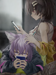 Rule 34 | 2girls, animal ears, anzi, black hoodie, blurry, blurry background, bone hair ornament, braid, breasts, brown hair, cat ears, cat girl, cellphone, closed mouth, commentary, couch, crossed bangs, dog ears, dog girl, dress, expressionless, hair between eyes, hair ornament, half-closed eyes, hand on another&#039;s head, highres, holding, holding phone, hololive, hood, hoodie, indoors, inugami korone, inugami korone (1st costume), jacket, light purple hair, lying, lying on person, medium breasts, medium hair, multiple girls, nekomata okayu, nekomata okayu (1st costume), off shoulder, on stomach, phone, profile, purple eyes, red eyes, short hair, sitting, sleeveless, sleeveless dress, smartphone, upper body, virtual youtuber, white dress, yellow jacket
