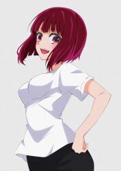 Rule 34 | 1girl, arima kana, black pants, blunt bangs, bob cut, commentary request, grey background, highres, inverted bob, kuroudo (mst06738124mst), looking at viewer, open mouth, oshi no ko, pants, red eyes, red hair, shirt, short hair, simple background, smile, solo, t-shirt, white shirt