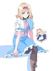 Rule 34 | 1girl, alice margatroid, apron, arms up, bad id, bad twitter id, belt, black dress, black footwear, blonde hair, blue dress, blue eyes, blush, boots, bow, bowtie, breasts, brown footwear, brown pantyhose, capelet, doll, dress, flying, hairband, hands up, long hair, long sleeves, looking at viewer, looking to the side, medium breasts, open mouth, pantyhose, pink belt, pink bow, pink scarf, ponytail, puffy short sleeves, puffy sleeves, red bow, red bowtie, red hairband, scarf, shadow, shanghai doll, short hair, short sleeves, simple background, sitting, smile, solo, tohoyuukarin, touhou, white apron, white background