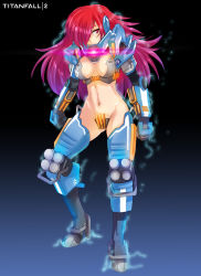 Rule 34 | 1girl, animification, armor, breasts, clenched hands, electricity, full body, gradient hair, high heels, highres, hmage, ion (titanfall 2), large breasts, mecha, mecha musume, multicolored hair, navel, personification, purple hair, red eyes, red hair, revealing clothes, robot, solo, stomach, titan (titanfall), titanfall, titanfall (series), titanfall 2