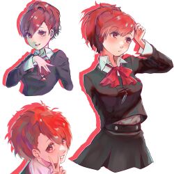 Rule 34 | 1girl, black jacket, black skirt, bow, brown hair, collared shirt, commentary, english commentary, gekkoukan high school uniform, highres, jacket, long sleeves, looking at viewer, multiple views, persona, persona 3, persona 3 portable, red bow, red eyes, school uniform, shiomi kotone, shirt, shizuhanaart, short ponytail, skirt, smile, v, white background, white shirt
