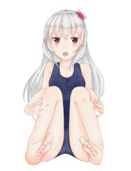 Rule 34 | 10s, 1girl, barefoot, blush, feet, hair flower, kantai collection, long hair, looking at viewer, open mouth, red eyes, school swimsuit, shiromoi, silver hair, sitting, soles, swimsuit, toes