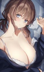 Rule 34 | 1girl, absurdres, bare shoulders, bed sheet, black cardigan, black ribbon, blue eyes, blush, bra, breasts, breasts day, brown hair, cardigan, cleavage, closed mouth, collarbone, from above, hair ribbon, highres, large breasts, long hair, long sleeves, looking at viewer, low twintails, lying, off shoulder, on bed, on side, open cardigan, open clothes, original, pillow, revision, ribbon, short twintails, sleeves past wrists, solo, sweatdrop, twintails, underwear, upper body, wata0933