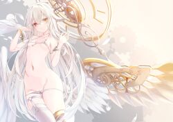 Rule 34 | 1girl, amputee, bikini, bikini bottom pull, bikini pull, breasts, broken handcuffs, clothes pull, colored skin, commentary, cowboy shot, cuffs, detached wings, expressionless, feathered wings, gears, groin, handcuffs, heterochromia, highres, legwear garter, long hair, looking ahead, looking at viewer, low wings, mechanical wings, multiple wings, navel, original, red eyes, scar, scar on neck, scar on stomach, shirousagi (sirousagi1998), single thighhigh, small breasts, solo, stitches, straight-on, swimsuit, thighhighs, very long hair, white bikini, white hair, white skin, white thighhighs, white wings, wings, yellow eyes