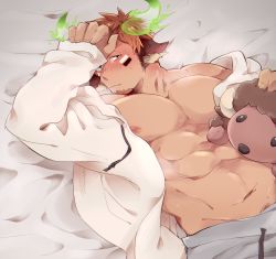 Rule 34 | 1boy, abs, absurdres, animal ears, bara, bare pectorals, blush, boku002, breath, brown eyes, brown hair, casual, cow boy, cow ears, cow horns, dark-skinned male, dark skin, facial hair, fiery horns, forked eyebrows, full-face blush, glowing horns, goatee, grey pants, highres, holding, holding stuffed toy, hood, hood down, hooded jacket, horns, jacket, large pectorals, long sideburns, lying, male focus, muscular, muscular male, navel, nipples, nose blush, official alternate costume, on back, open clothes, open jacket, pants, pectorals, short hair, sideburns, solo, spiked hair, stomach, stuffed toy, thick eyebrows, tokyo houkago summoners, wakan tanka