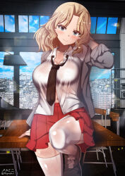 Rule 34 | 1girl, blonde hair, blue eyes, blush, breasts, classroom, cleavage, closed mouth, covered erect nipples, girls und panzer, highres, indoors, kay (girls und panzer), large breasts, looking at viewer, medium hair, megadeko, navel, red skirt, saunders school uniform, school uniform, skirt, smile, solo, thighhighs, white thighhighs