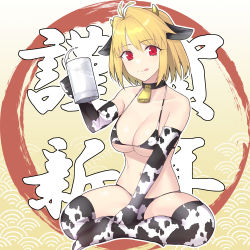 Rule 34 | 1girl, animal costume, animal ears, animal print, apo (apos2721), arcueid brunestud, bell, bikini, blonde hair, blush, breasts, chinese zodiac, collar, collarbone, cow costume, cow ears, cow girl, cow horns, cow print, cow print bikini, cowbell, elbow gloves, gloves, hair intakes, horns, indian style, large breasts, licking lips, looking at viewer, milk, navel, neck bell, new year, print bikini, red eyes, short hair, sitting, smile, solo, swimsuit, thighhighs, tongue, tongue out, tsukihime, year of the ox