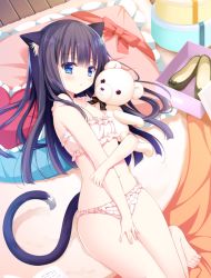 Rule 34 | 1girl, :t, animal ear fluff, animal ears, arm grab, bare arms, bare legs, bare shoulders, barefoot, blush, bra, brown hair, cat ears, cat girl, cat tail, closed mouth, commentary request, frilled bra, frilled panties, frilled pillow, frills, heart, heart-shaped pillow, long hair, lying, navel, hugging object, on back, original, panties, pillow, pink bra, pink panties, pout, shiwasu horio, solo, stuffed animal, stuffed toy, tail, teddy bear, underwear, underwear only, very long hair, wooden floor