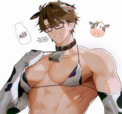 Rule 34 | 1boy, animal ears, animal print, bell, bikini, brown hair, chariko, clothes pull, covered erect nipples, cow boy, cow ears, cow horns, cow print, cowbell, crossdressing, english text, glasses, gloves, honkai: star rail, honkai (series), horns, large pectorals, male focus, muscular, muscular male, neck bell, pectorals, short hair, solo, swimsuit, welt yang