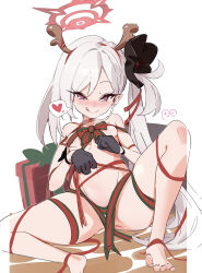 Rule 34 | 1girl, absurdres, antlers, ass, barefoot, black gloves, blue archive, blush, breasts, fake antlers, gloves, halo, heart, highres, horns, long hair, mutsuki (blue archive), naked ribbon, navel, ocha (popopogg), pointy ears, purple eyes, purple hair, reindeer antlers, ribbon, sitting, small breasts, solo, spoken heart, spread legs, sweat, very long hair