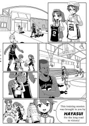 Rule 34 | 10s, basketball, basketball court, basketball hoop, basketball uniform, bleachers, bottle, clenched hand, color guide, comic, crossed arms, dark-skinned male, dark skin, david robinson, english text, facial hair, female admiral (kancolle), glasses, greyscale, hair tie, hat, hayasui (kancolle), height difference, highres, jersey, jumping, kantai collection, kawhi leonard, magatama, military, military hat, military uniform, monochrome, national basketball association, open mouth, playing sports, pleated skirt, real life, ryuujou (kancolle), san antonio spurs, shadow, short hair, sixten, skirt, smile, sportswear, suspenders, tim duncan, twintails, uniform, visor, visor cap