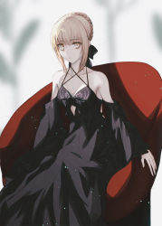 Rule 34 | 1girl, artoria pendragon (all), artoria pendragon (fate), bad id, bad pixiv id, black bow, black dress, black sleeves, blonde hair, bow, braid, braided bun, breasts, cleavage, closed mouth, collarbone, criss-cross halter, dress, fate/stay night, fate (series), hair bow, hair bun, halterneck, harukaze (rori 0826), long dress, long sleeves, looking at viewer, saber alter, short hair, sitting, sleeveless, sleeveless dress, small breasts, solo, yellow eyes