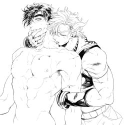 Rule 34 | 2boys, battle tendency, birthmark, caesar anthonio zeppeli, facial mark, feather hair ornament, feathers, greyscale, hair ornament, joestar birthmark, jojo no kimyou na bouken, joseph joestar, joseph joestar (young), licking, licking another&#039;s neck, monochrome, multiple boys, muscular, muscular male, nipples, nude, ribbon, s gentian, tongue, tongue out, topless male, upper body, wet, yaoi