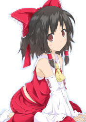 Rule 34 | 1girl, bare shoulders, black hair, blush, bow, brown eyes, detached sleeves, hair bow, hair ornament, hakurei reimu, large bow, long skirt, long sleeves, looking at viewer, pleated skirt, red bow, red skirt, shirt, short hair, simple background, sitting, skirt, smile, socks, solo, touhou, wariza, wata, white background, white shirt, white socks, wide sleeves