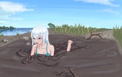Rule 34 | 1girl, bare legs, bare shoulders, blue eyes, blue sky, bra, branch, breasts, breath, cleavage, cloud, cloudy sky, collarbone, exhausted, fallen down, grass, heavy breathing, highres, imwyp53, lake, landscape, leg up, lying, mud, on stomach, open mouth, original, outdoors, partially submerged, path, plant, quicksand, road, sidelocks, sinking, sky, small breasts, struggling, stuck, sweat, teeth, tripping, underwear, upper body, water, white hair